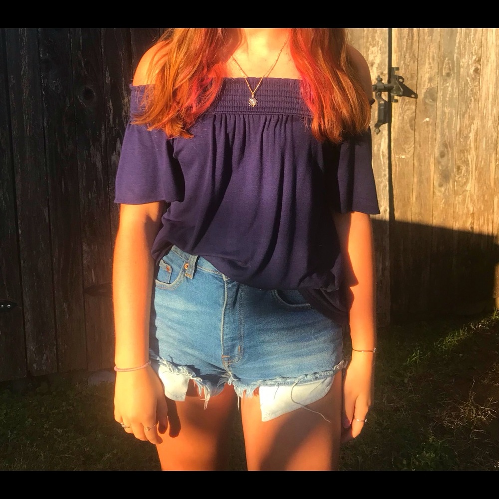 Short sleeve off the shoulder blue shirt